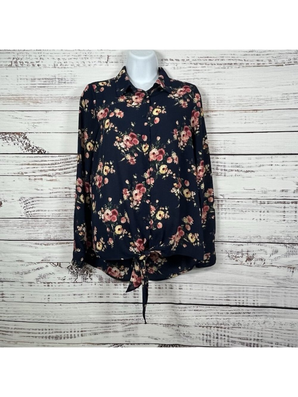 Pleione Blue Floral Print High Low Tie Hem Long Sleeve Blouse